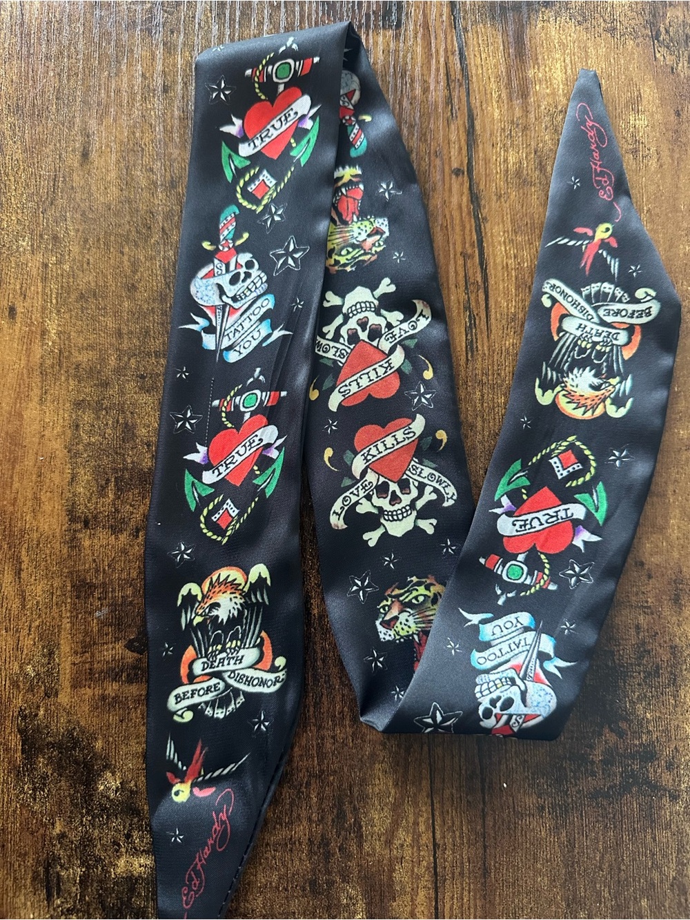 Ed Hardy Black Tattoo-Print Bag Scarf Silk Like Material to Tie On Bags NWOT